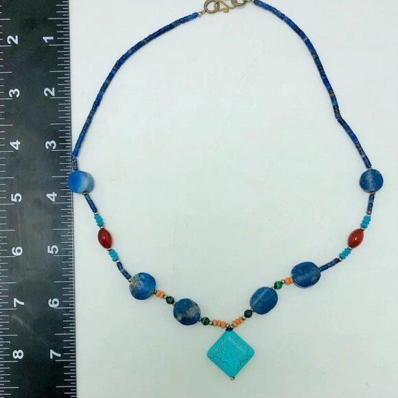 Lapis and Turquoise Beaded Necklace, Handmade Vintage Beaded Necklace - Picture 10 of 12